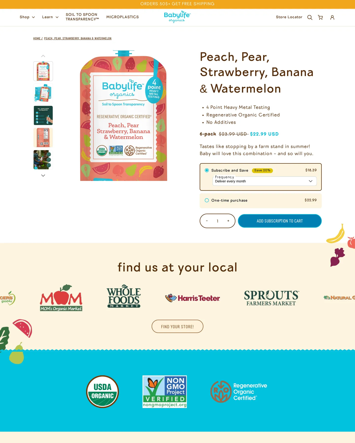 Babylife Organics Peach, Pear, Strawberry, Banana & Watermelon design, captured September 2026