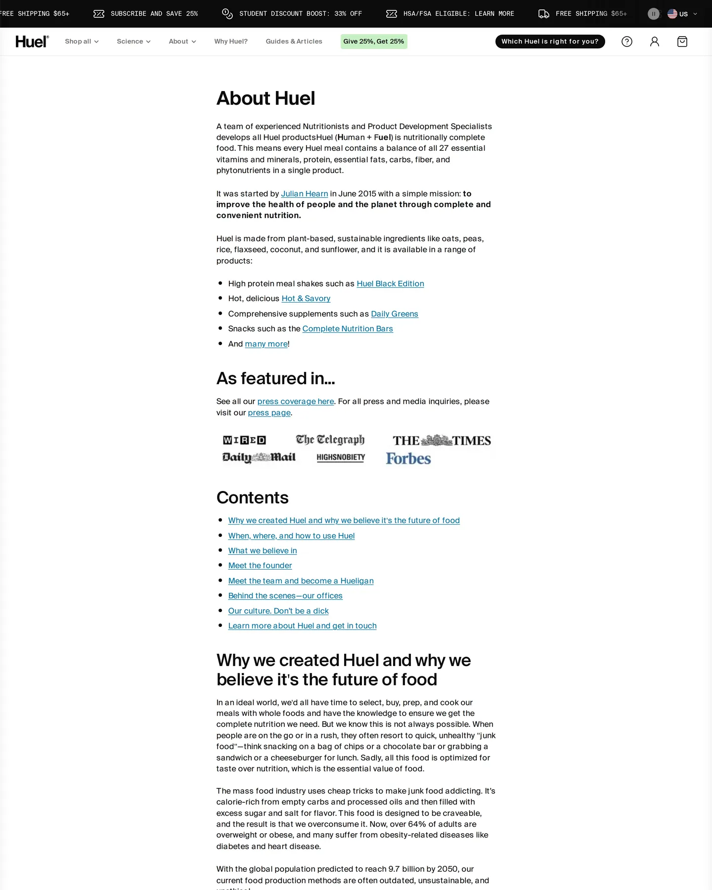 Huel About design, captured August 2026