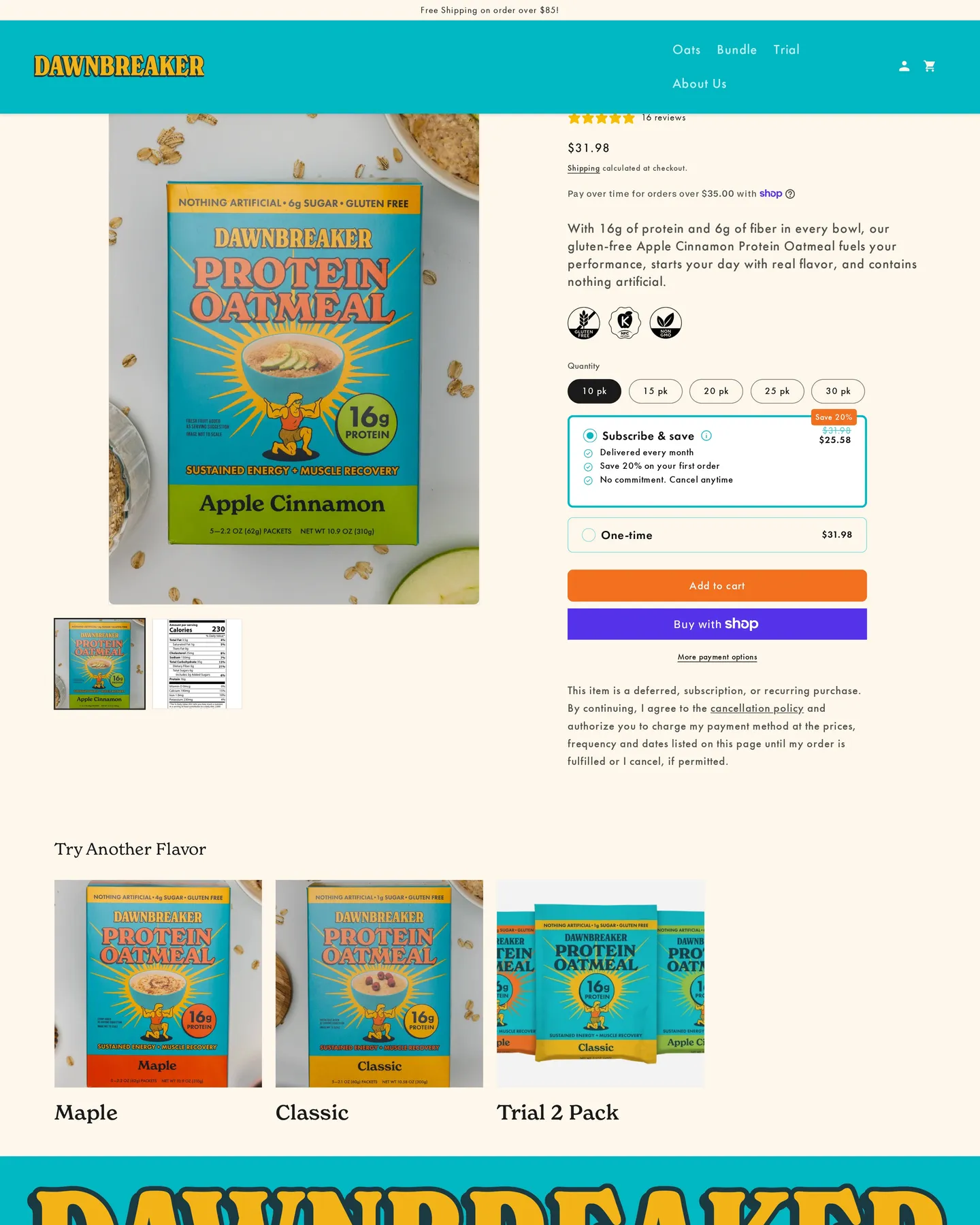 Dawnbreaker Oats Apple Cinnamon Protein Oatmeal design, captured September 2026