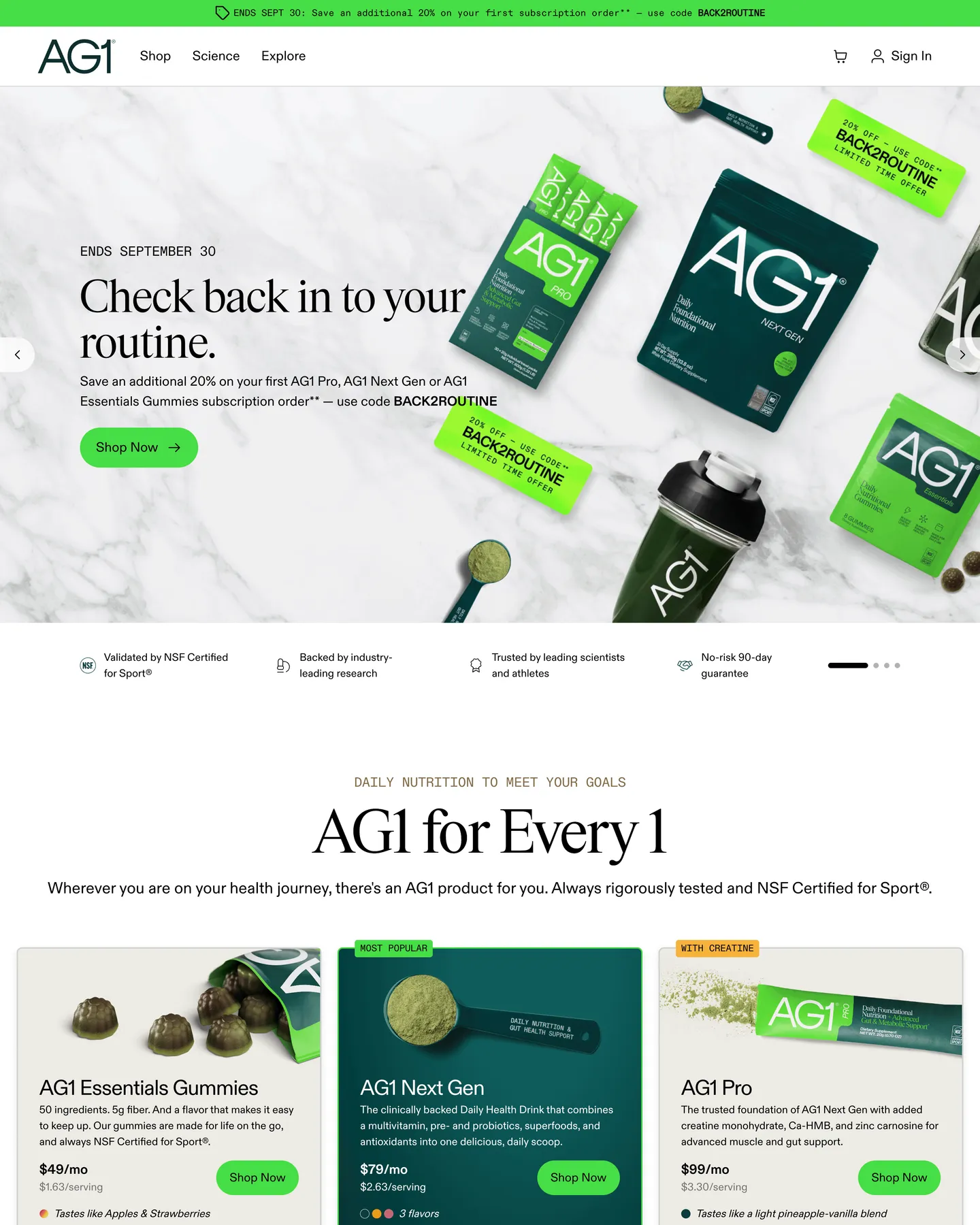 AG1 (Athletic Greens) Homepage design, captured September 2026