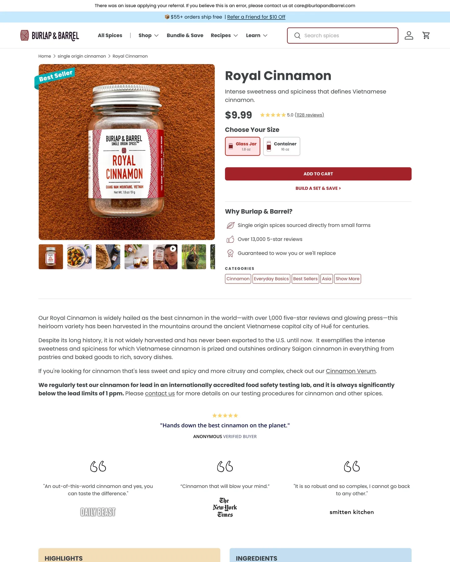 Burlap & Barrel Royal Cinnamon design, captured September 2026