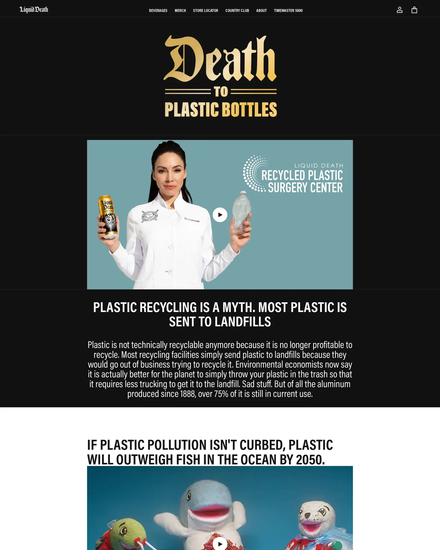 Liquid Death Death to plastic bottles design, captured August 2026