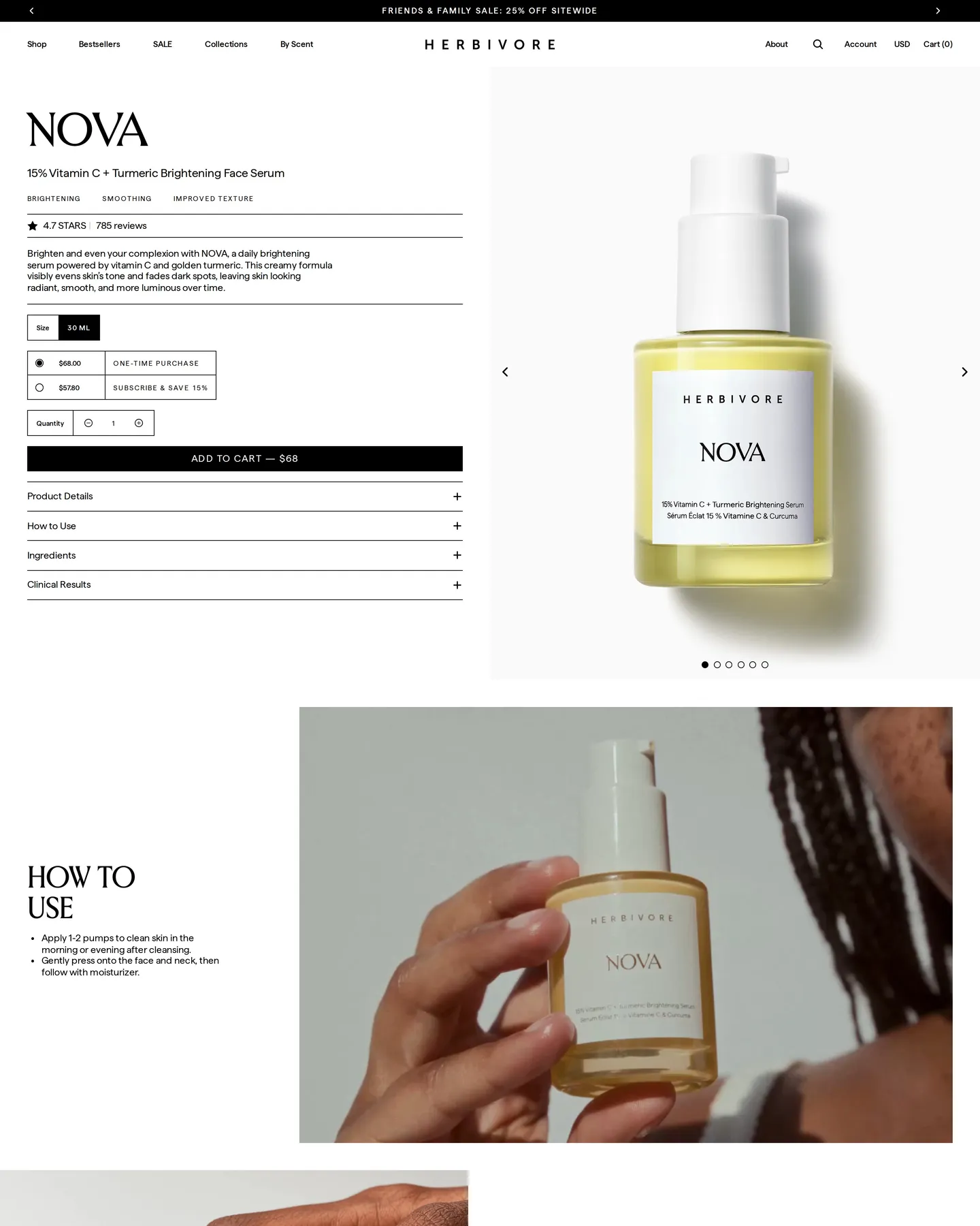 Herbivore Nova 15 Vitamin C Turmeric Brightening Serum 1 design, captured August 2026