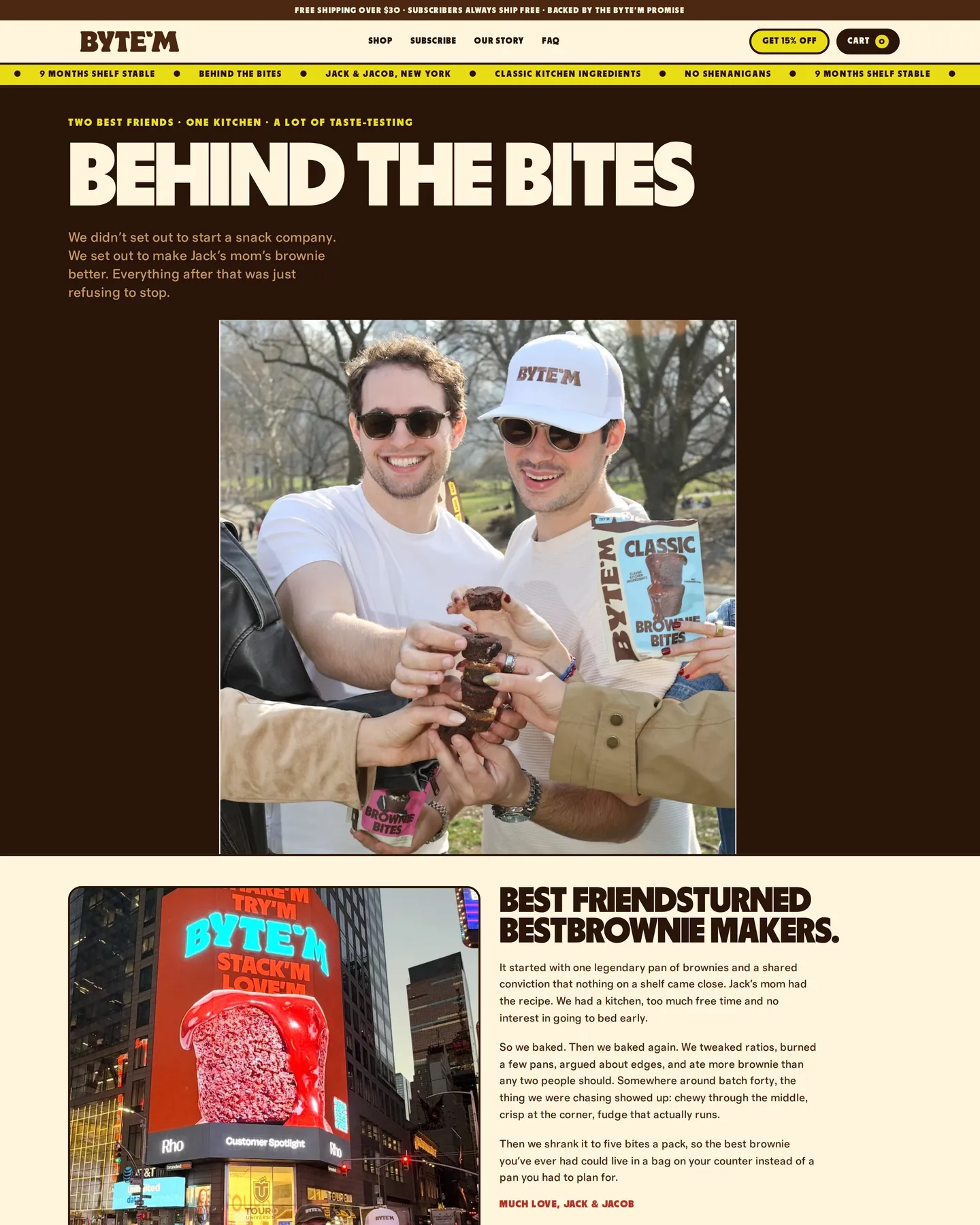 Byte’m Brownie Bites Our Story design, captured September 2026