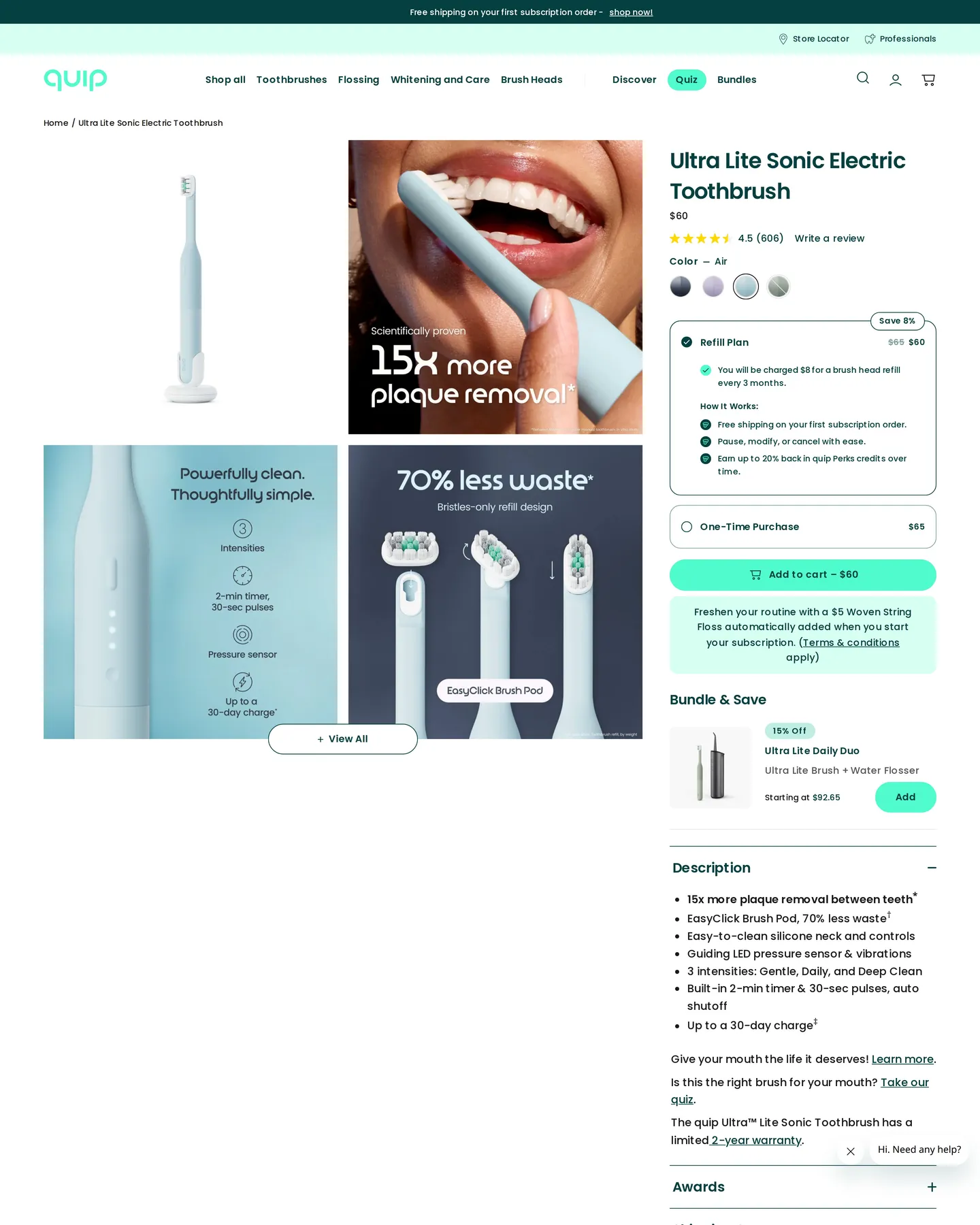Quip Air Quip Ultra Lite Sonic Electric Toothbrush design, captured August 2026