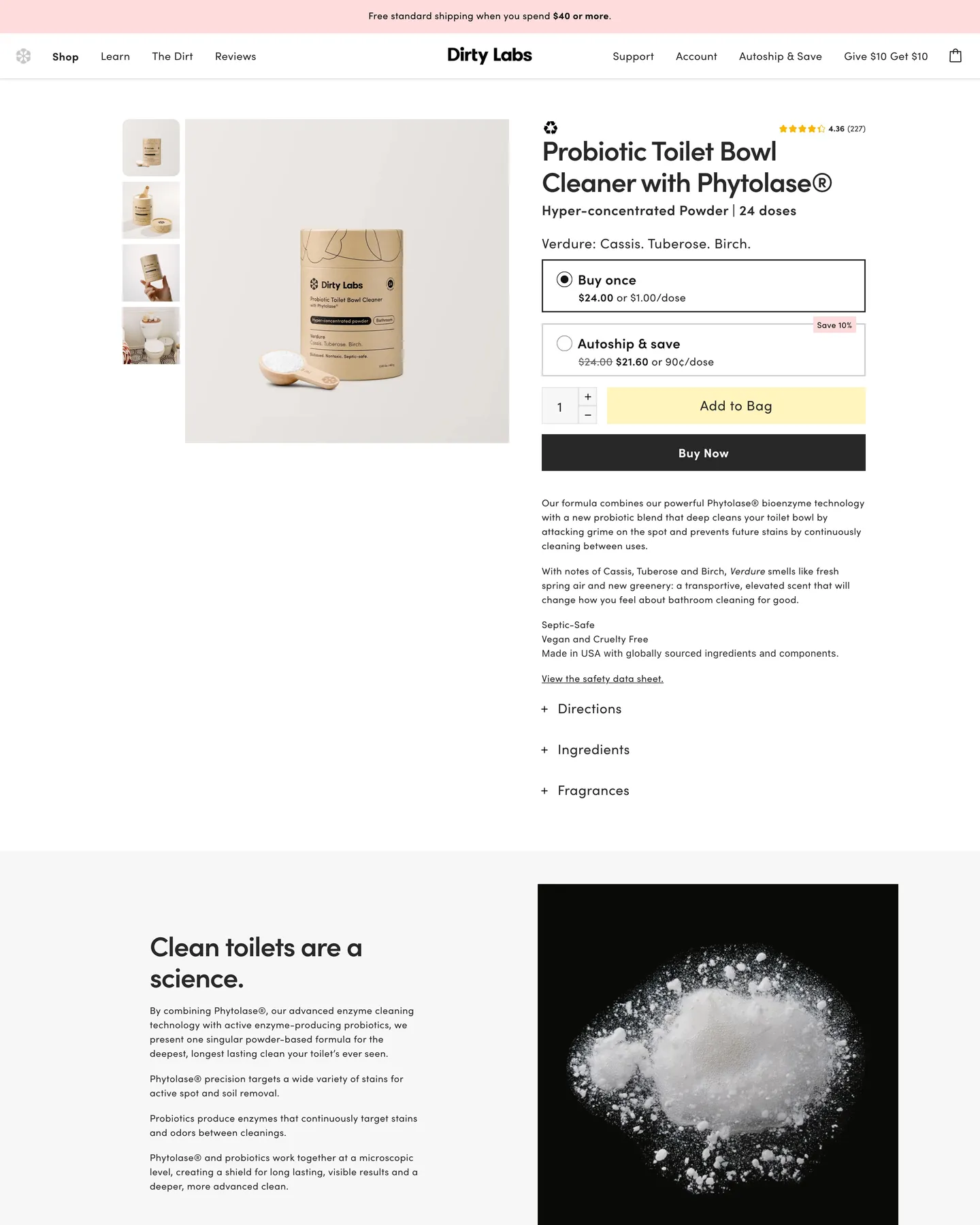 Dirty Labs Probiotic Toilet Bowl Cleaner with Phytolase® design, captured August 2026