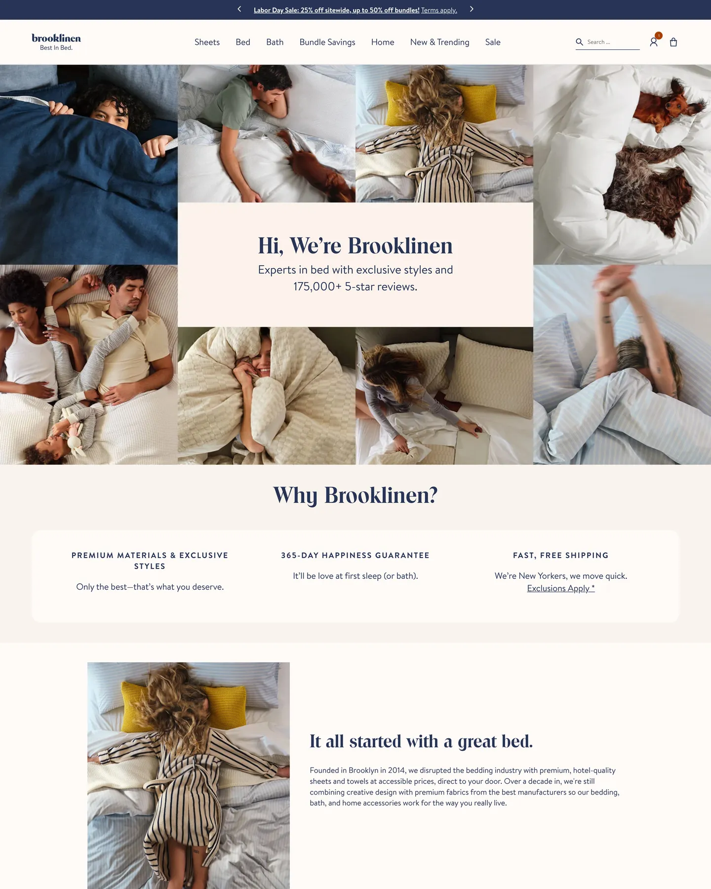 Brooklinen About Us design, captured August 2026