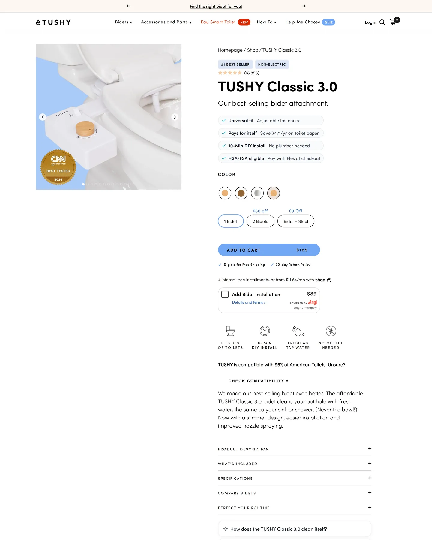 TUSHY Classic Affordable Bidet design, captured August 2026