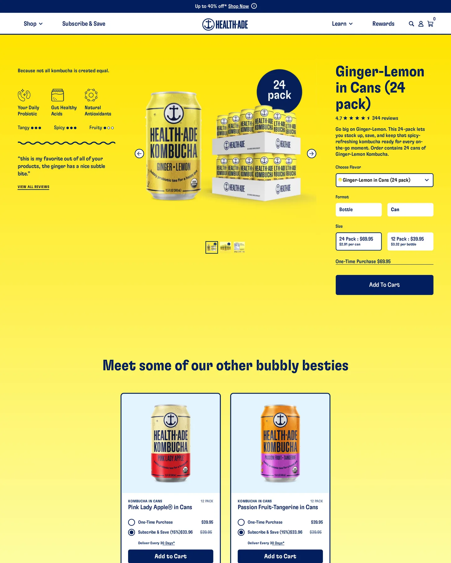 Health-Ade Ginger Lemon Kombucha In Cans 24 Pack design, captured August 2026