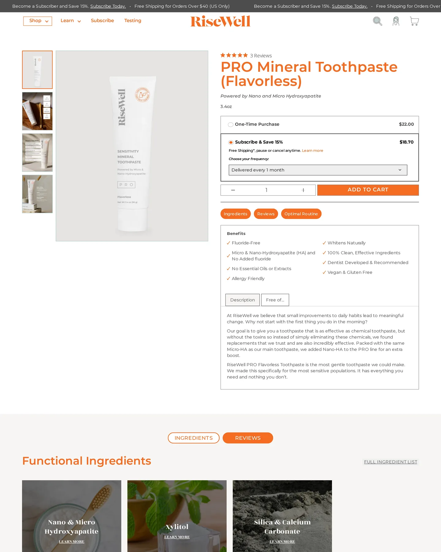 RiseWell PRO Mineral Toothpaste (Flavorless) design, captured September 2026