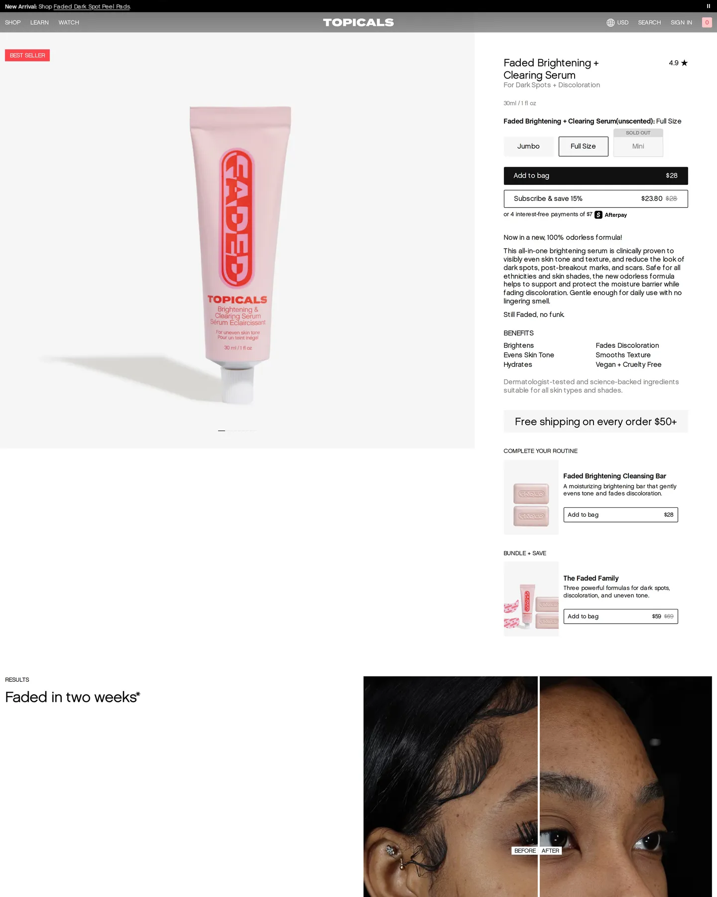 Topicals Faded Brightening Clearing Serum design, captured August 2026