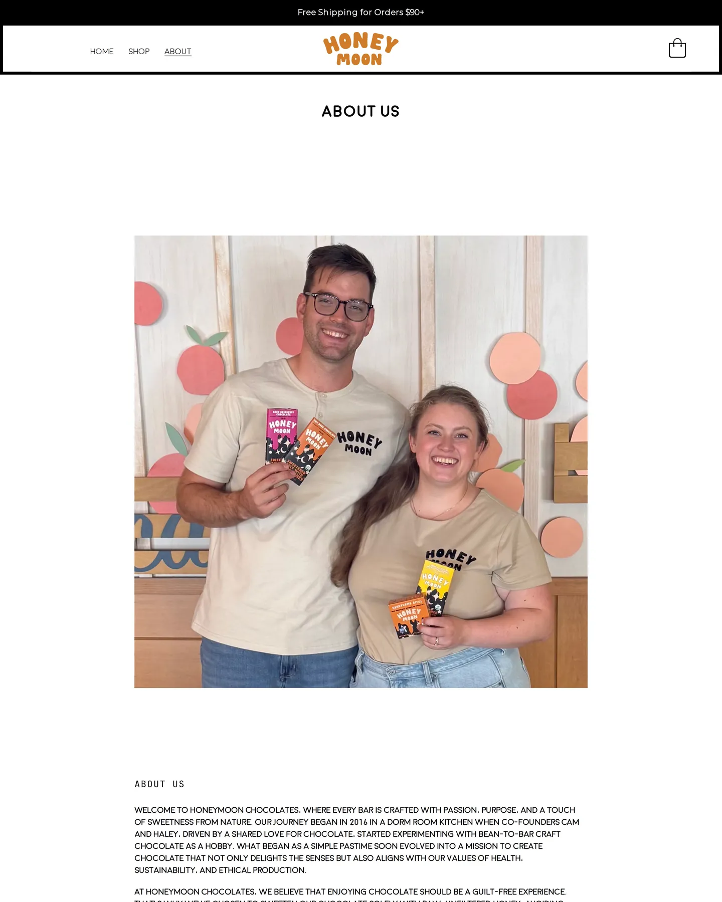 Honeymoon Chocolates About Us design, captured September 2026