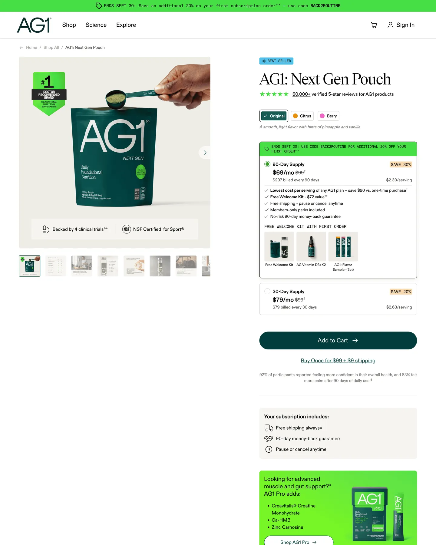 AG1 (Athletic Greens) Product Page design, captured September 2026