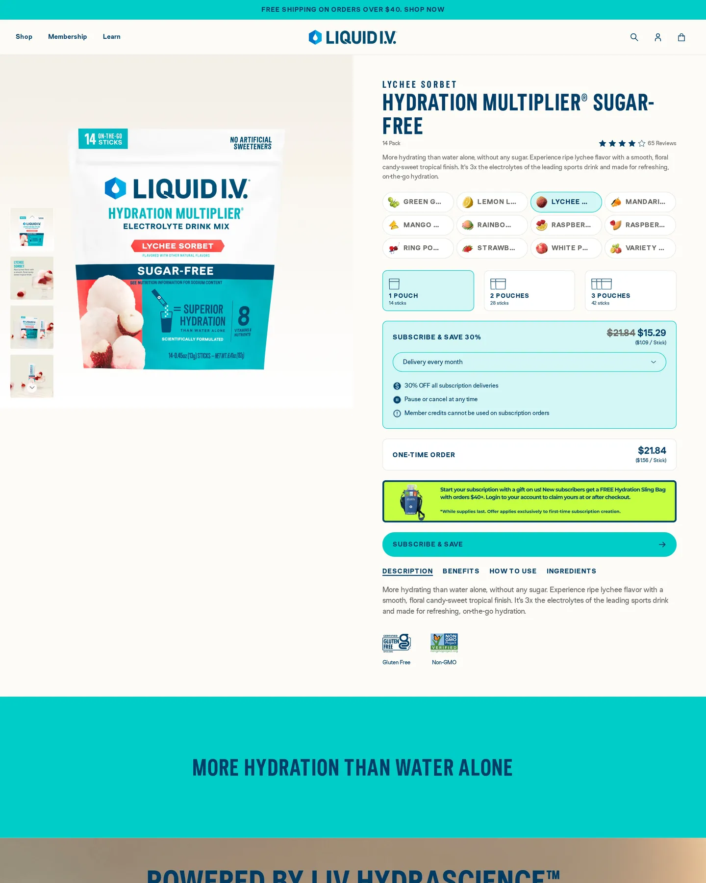 Liquid I.V. Lychee Sorbet Hydration Multiplier Sugar Free design, captured August 2026