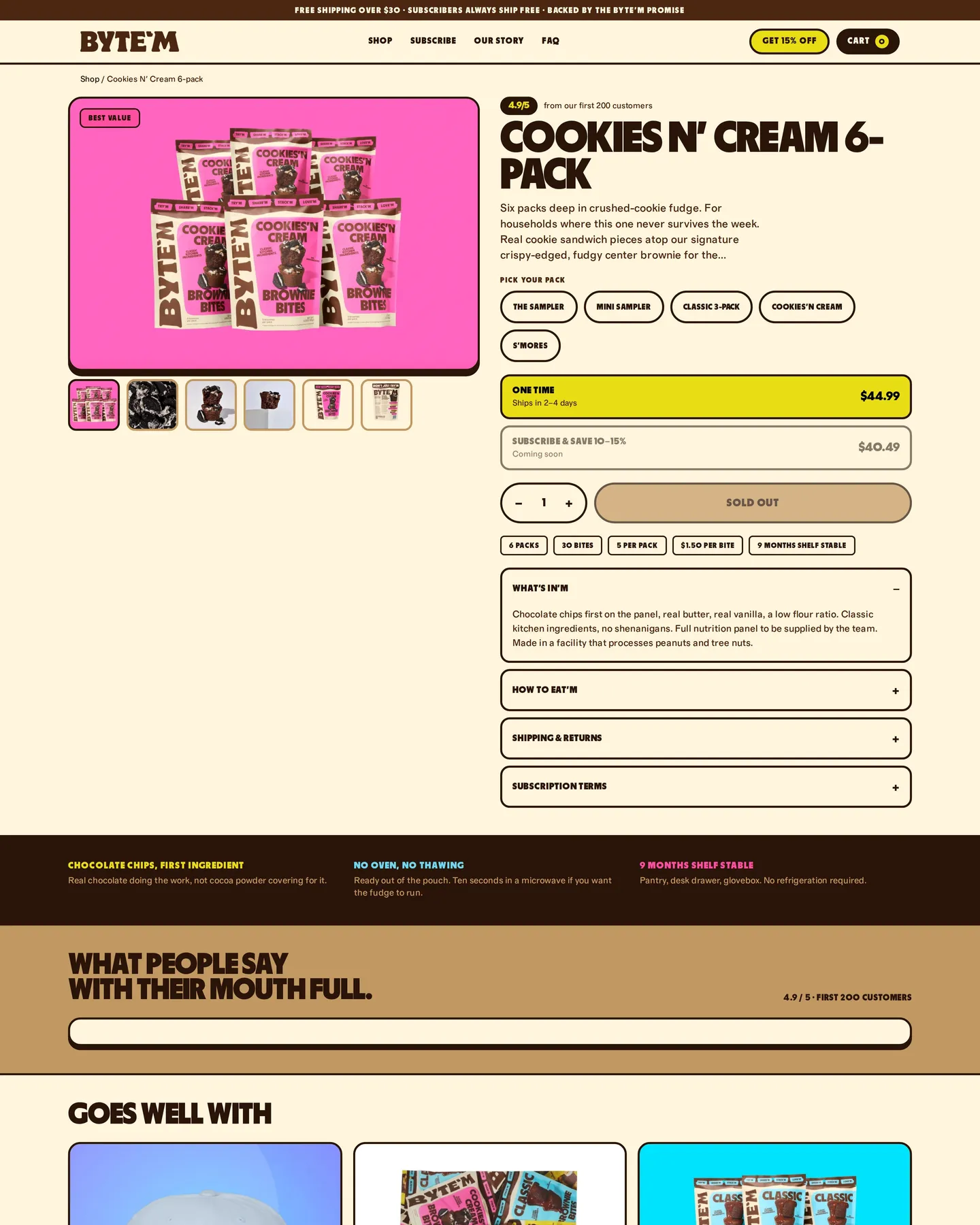 Byte’m Brownie Bites Cookies N’ Cream Brownie Bites design, captured September 2026