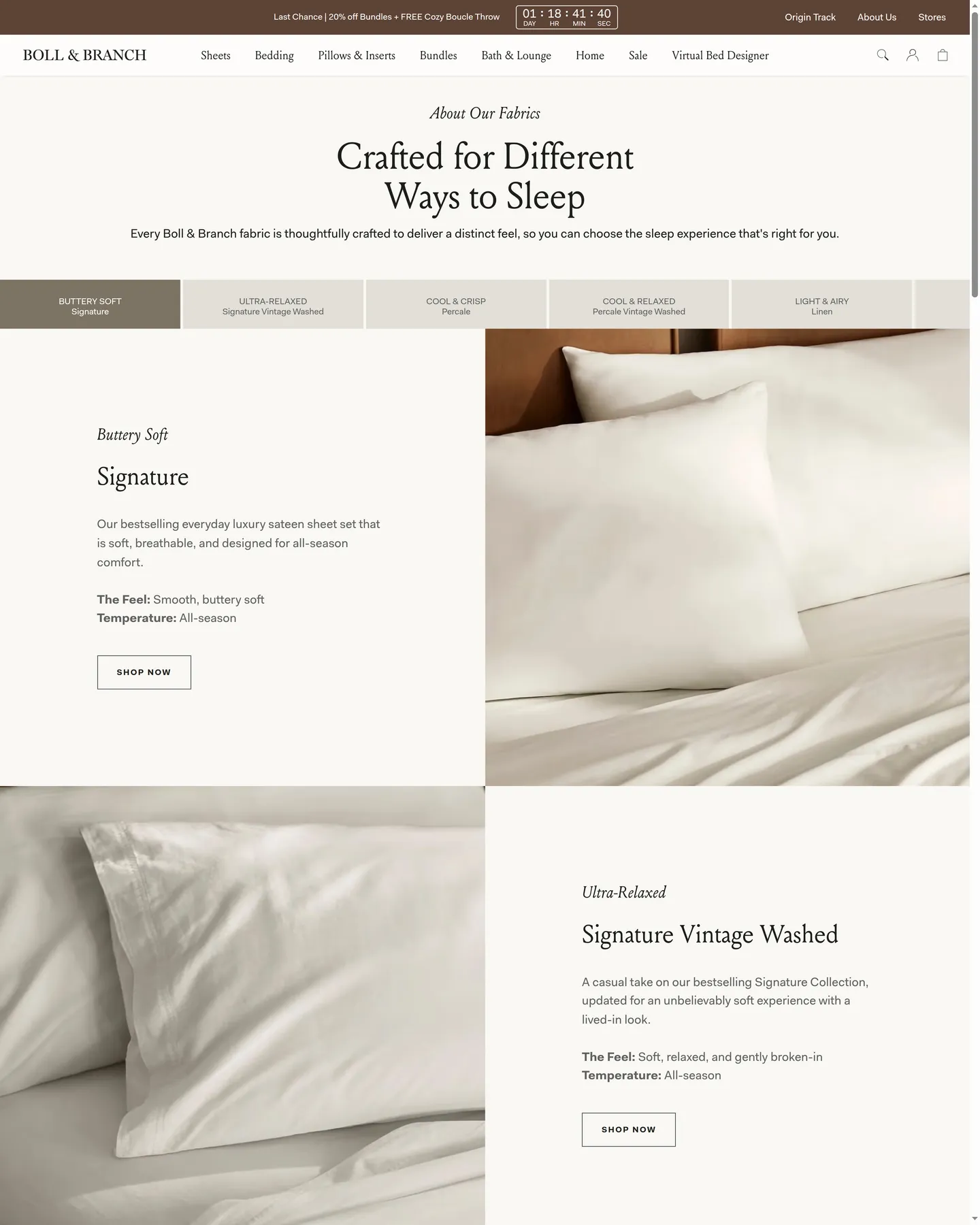 Boll & Branch Find Your Perfect Sheet Fabric design, captured September 2026