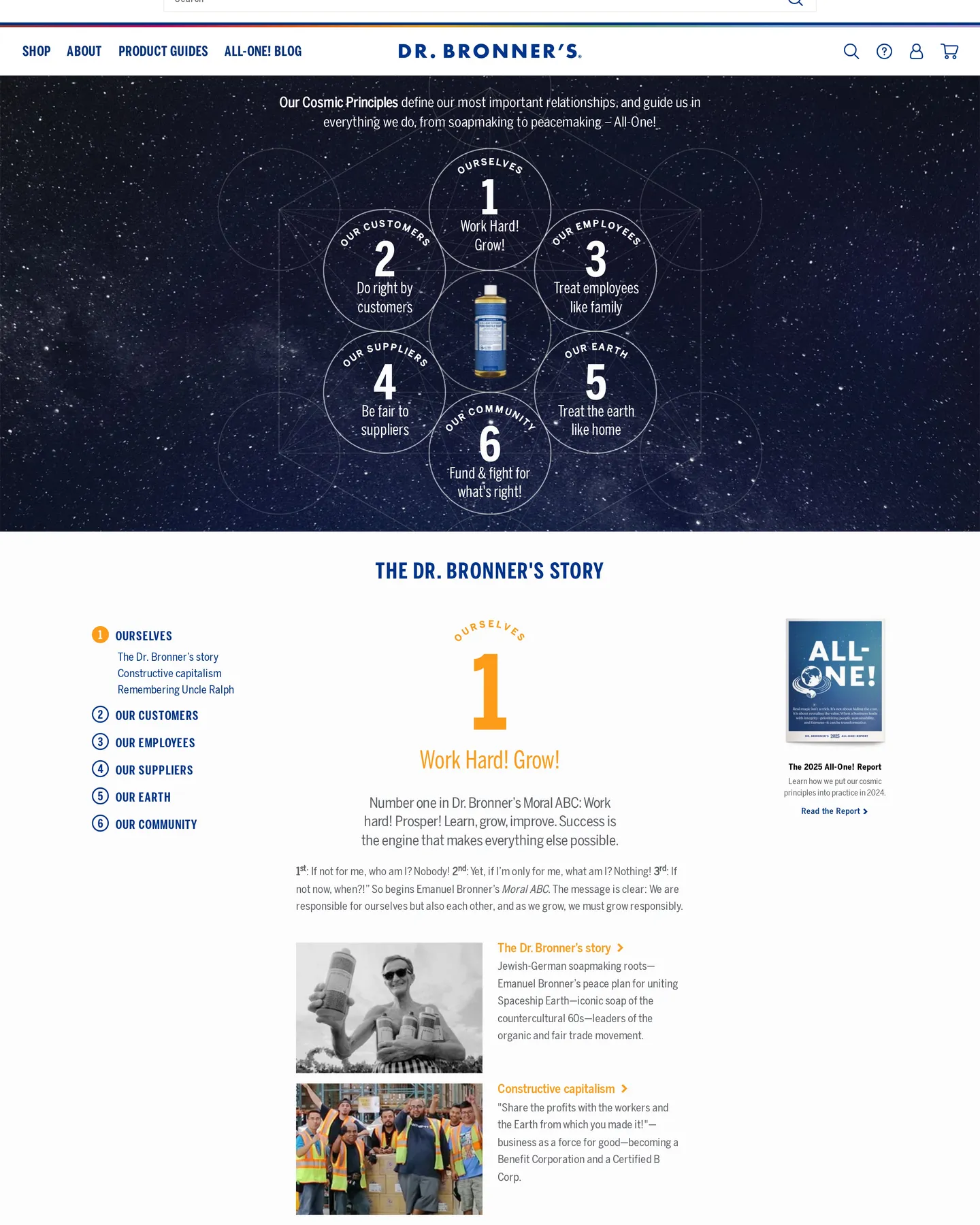 Dr. Bronner's The Dr. Bronner's Story design, captured September 2026
