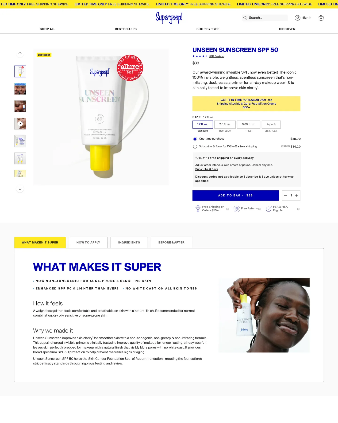 Supergoop Unseen Sunscreen Spf 50 design, captured August 2026