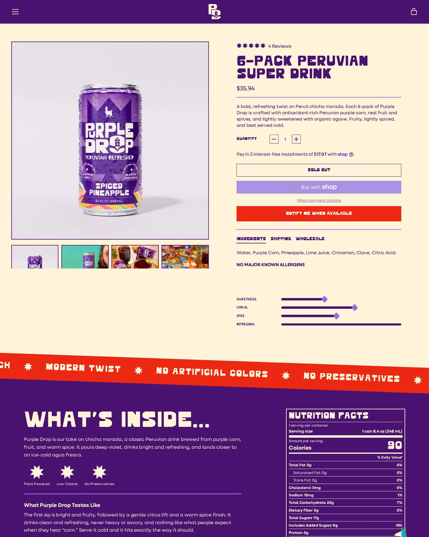 Purple Drop Peruvian Chicha Morada design, captured September 2026