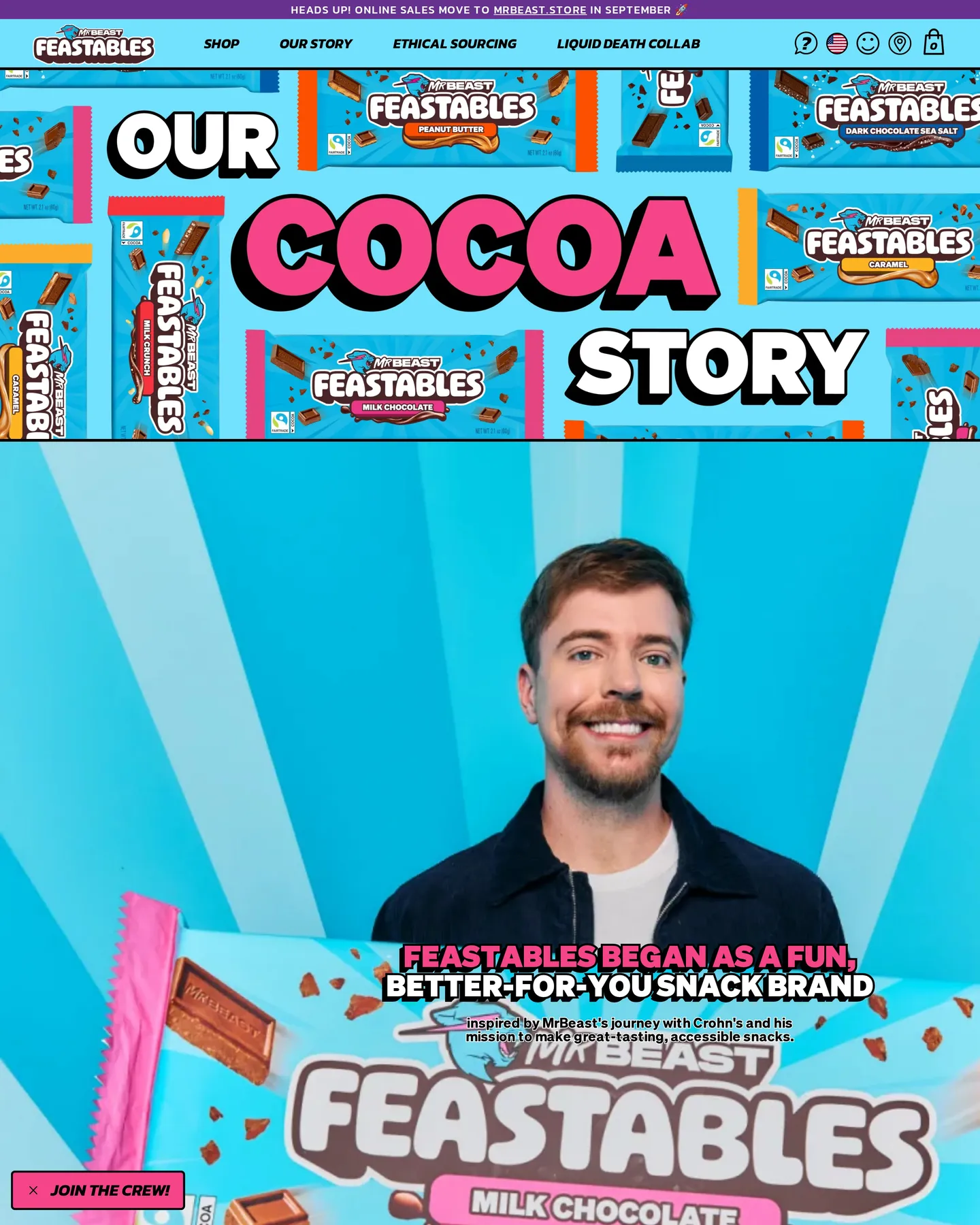 Feastables Our Cocoa Story design, captured September 2026