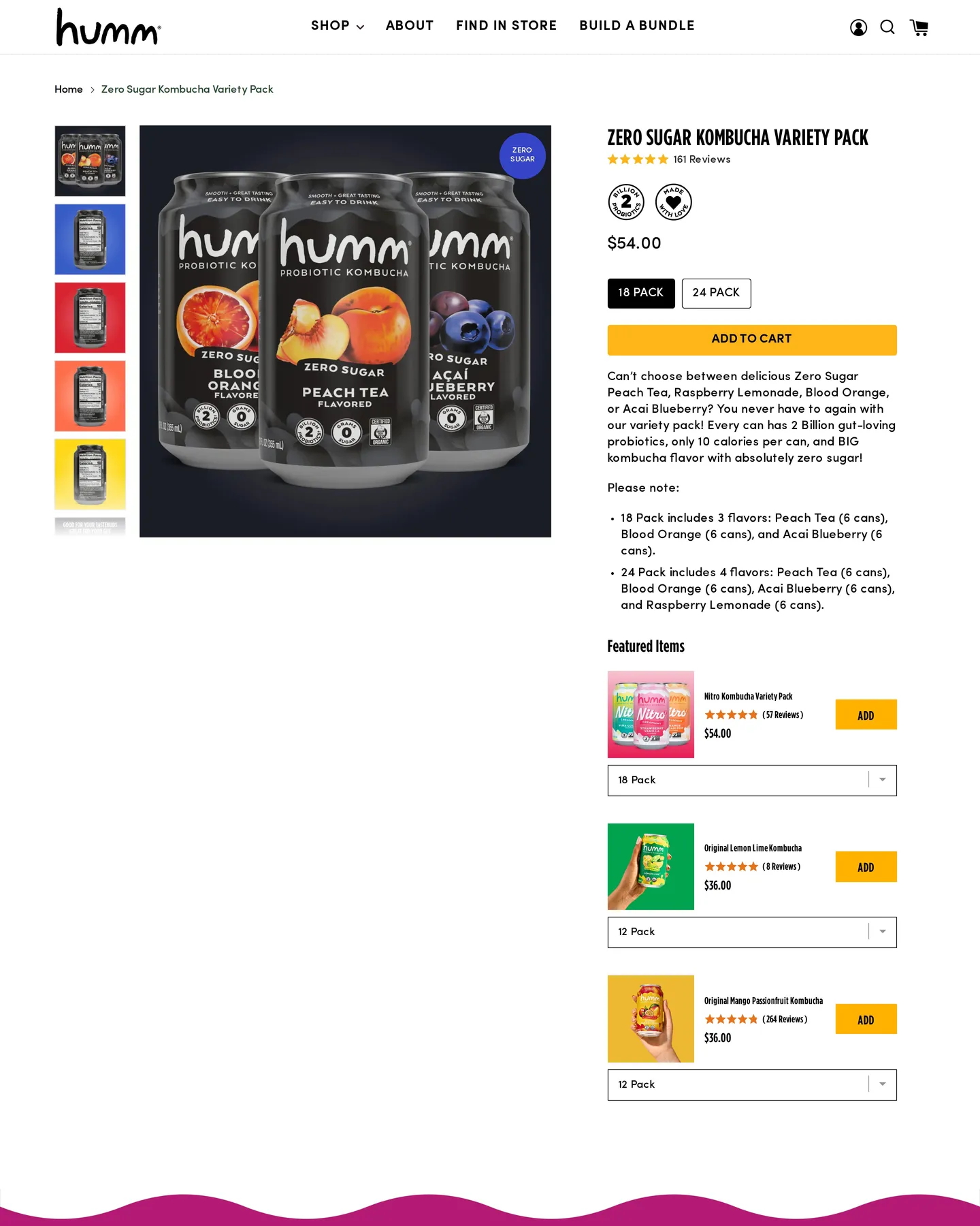 Humm Zero Sugar Kombucha Variety Pack design, captured September 2026