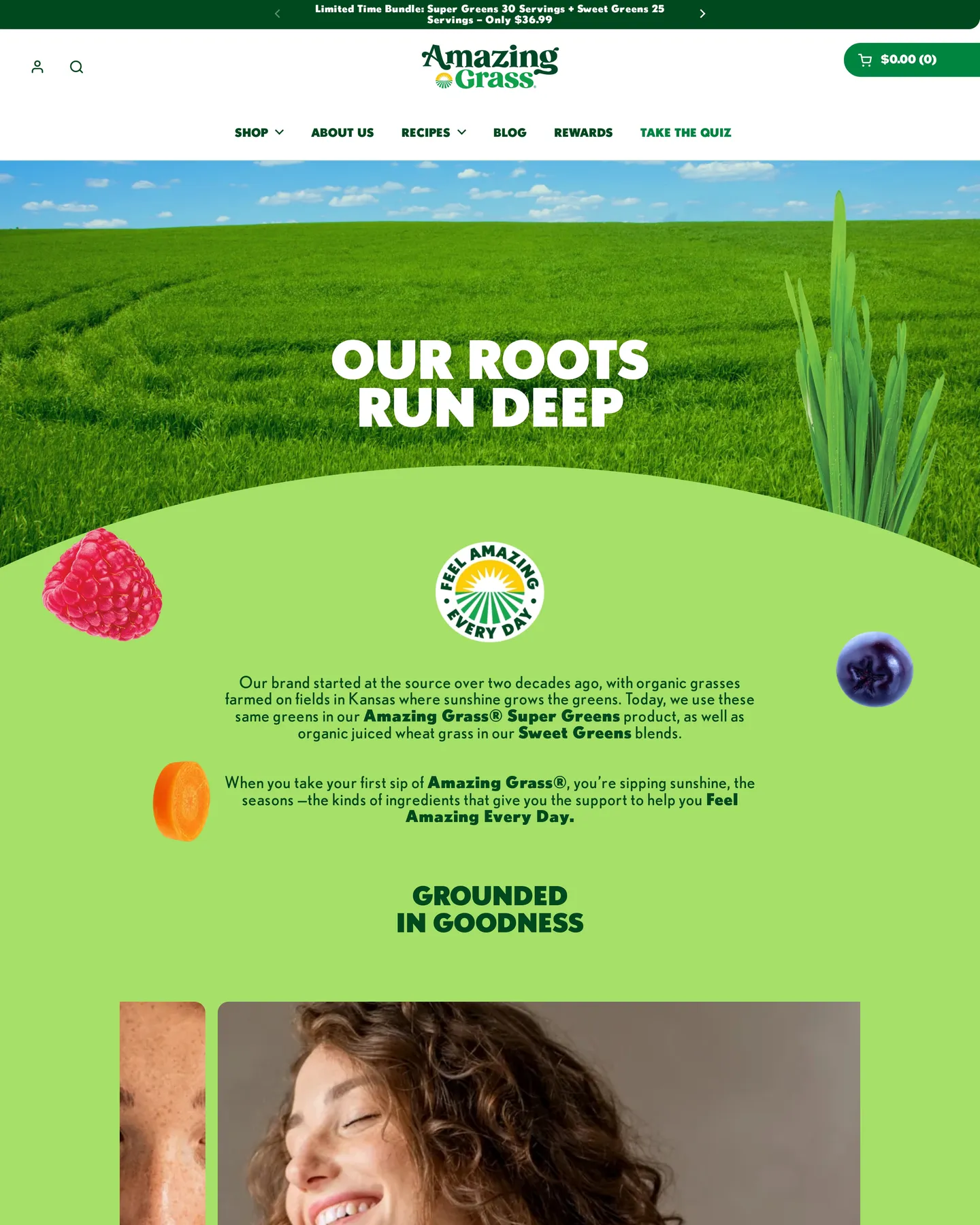 Amazing Grass Our Story design, captured September 2026