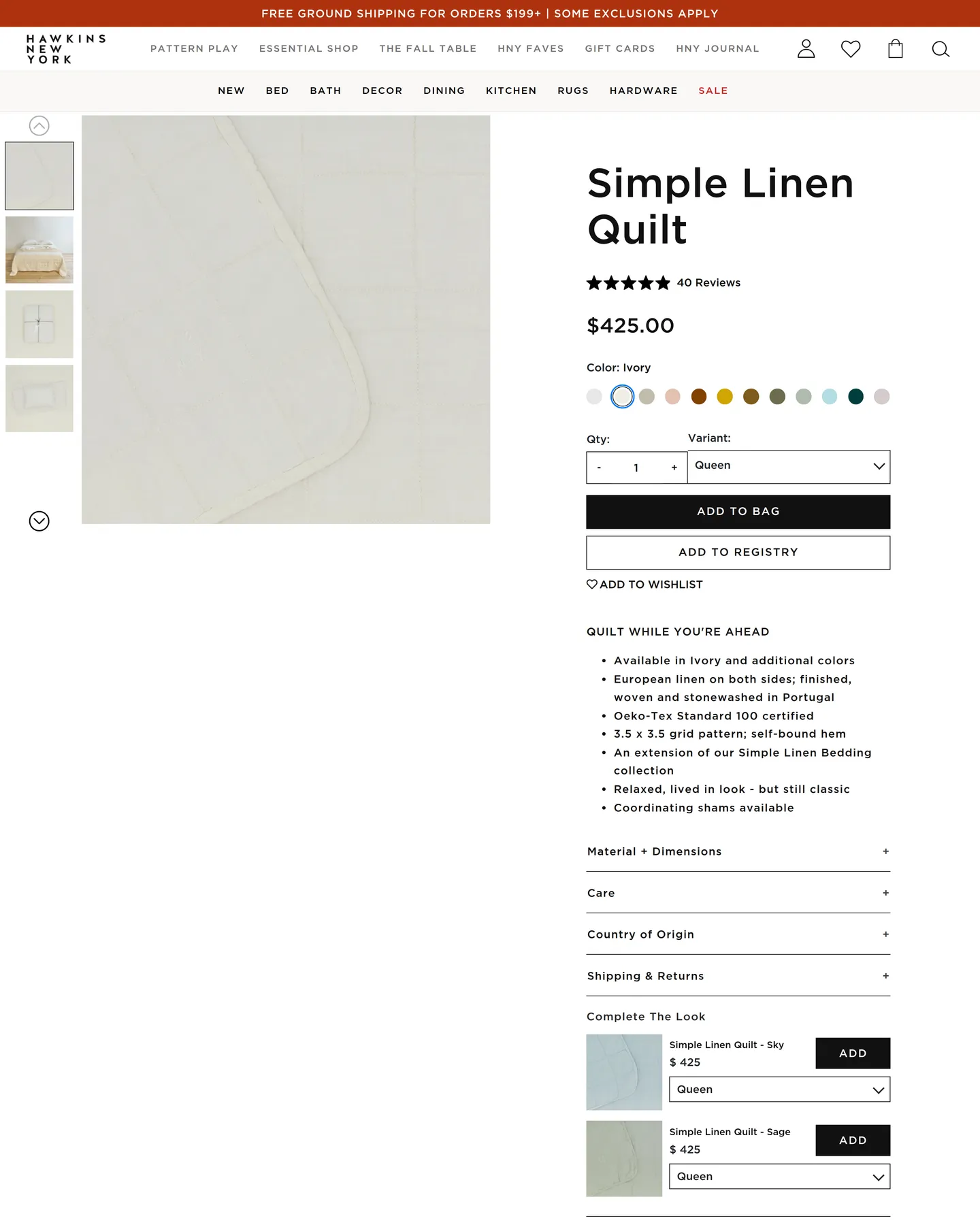 Hawkins New York Simple Linen Quilt, Ivory design, captured September 2026