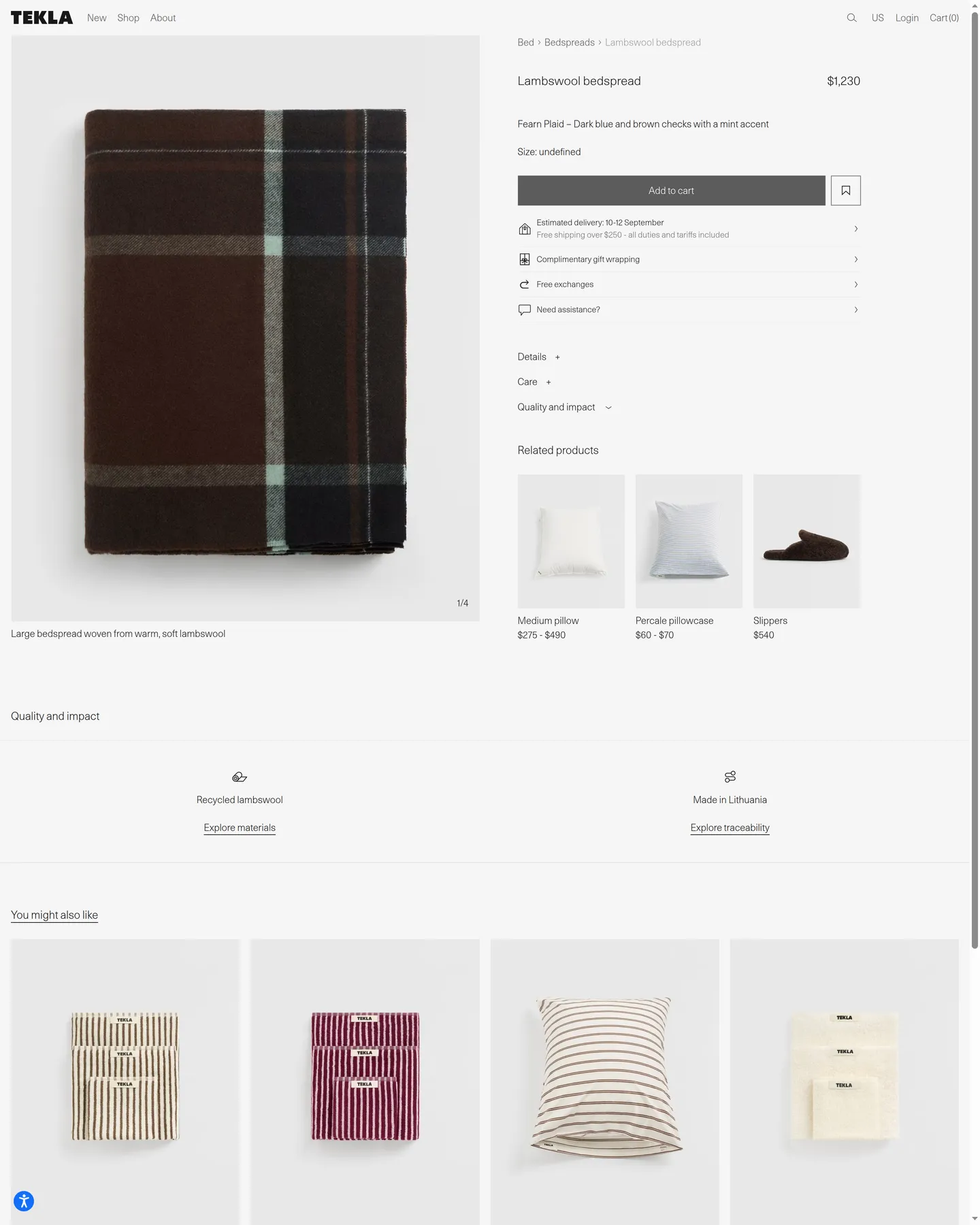 Tekla Lambswool bedspread - Fearn Plaid design, captured September 2026