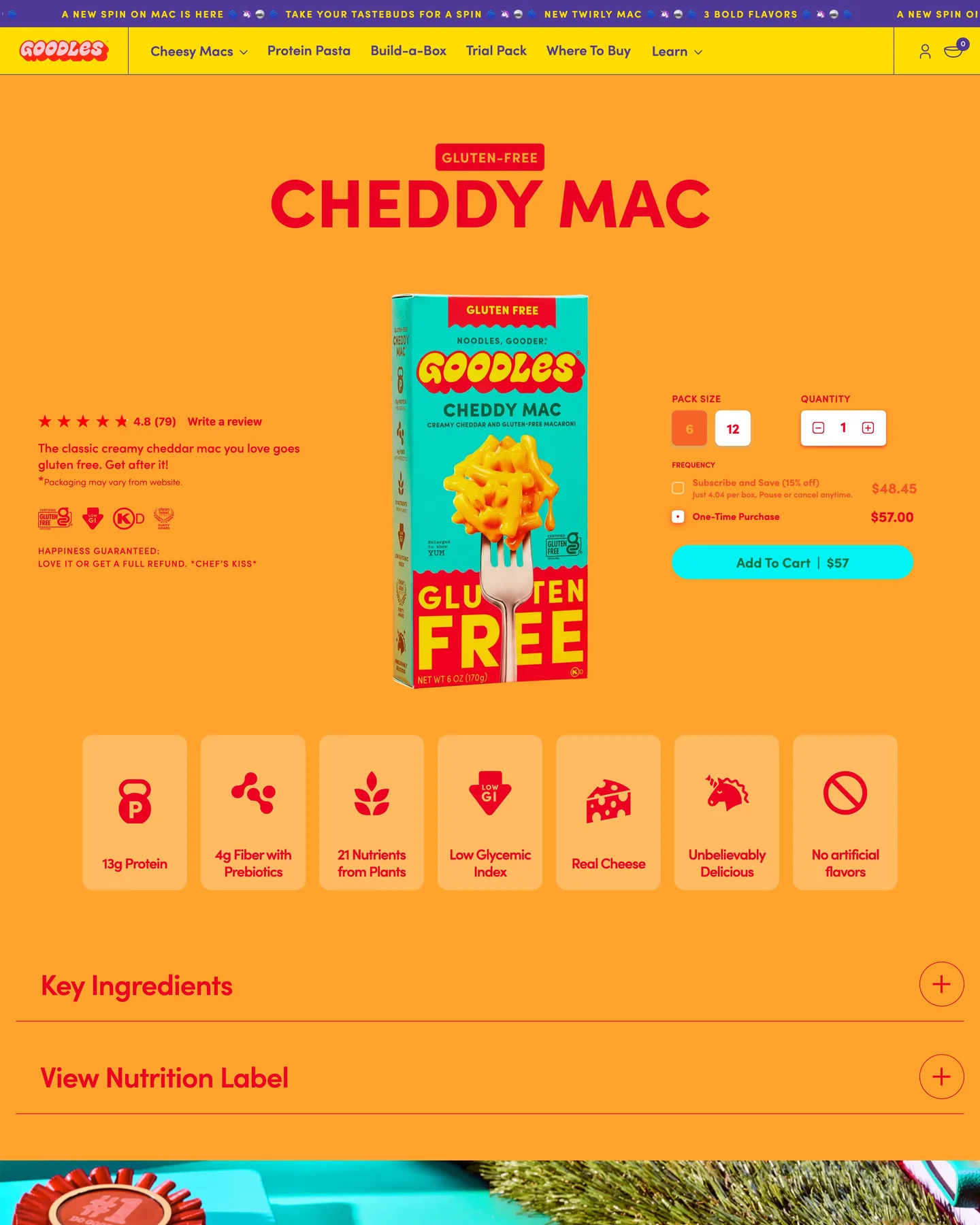 Goodles Gluten-Free Cheddy Mac design, captured August 2026