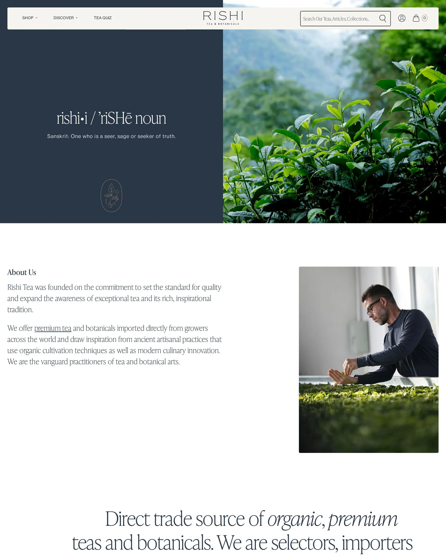 Rishi Tea About Us design, captured September 2026
