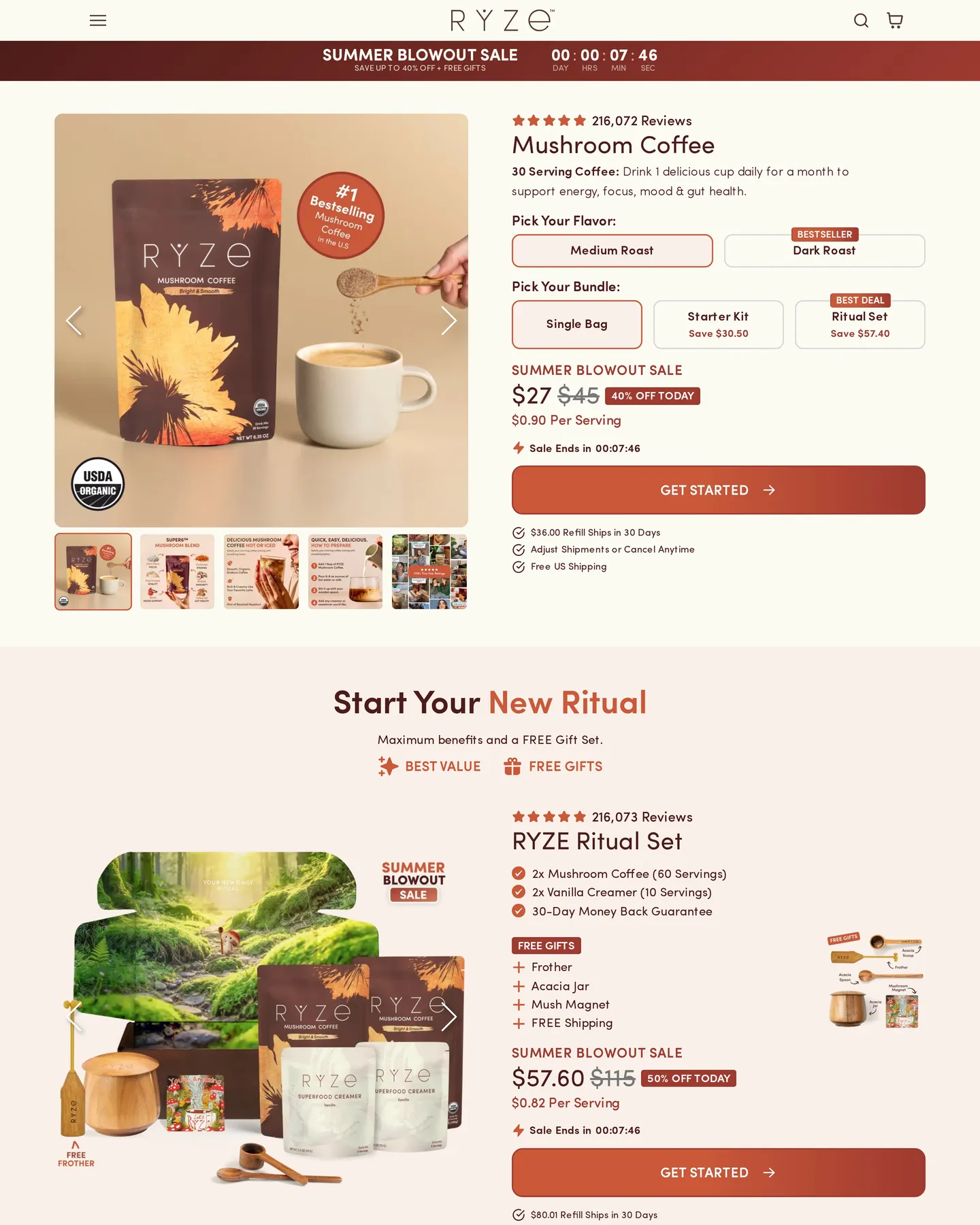 RYZE Mushroom Coffee design, captured August 2026