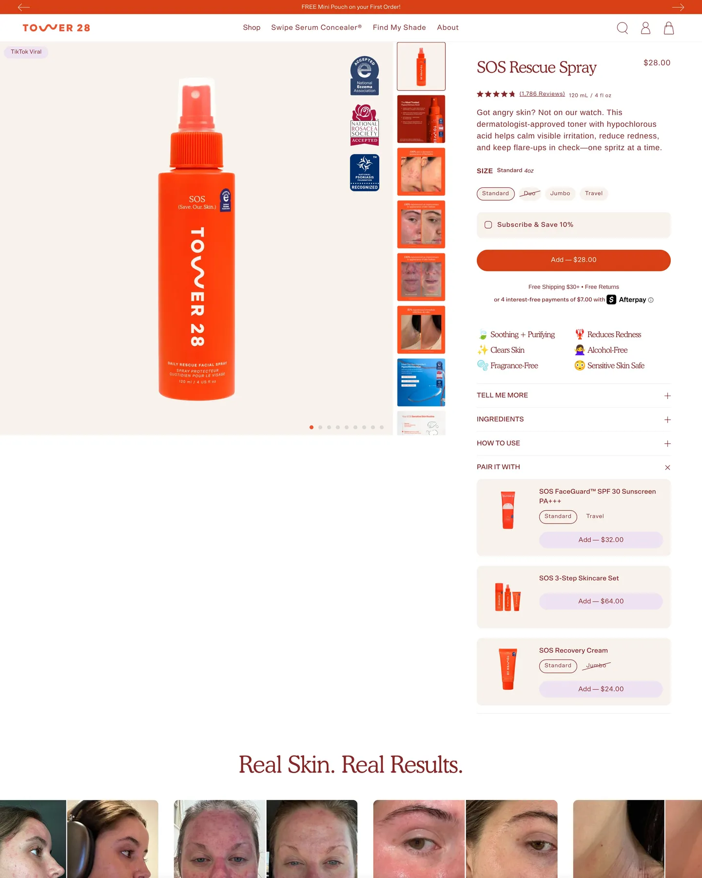 Tower 28 Sos Daily Facial Rescue Spray design, captured August 2026