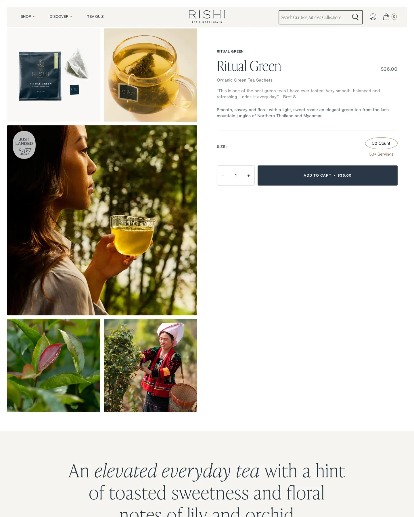 Rishi Tea Ritual Green design, captured September 2026