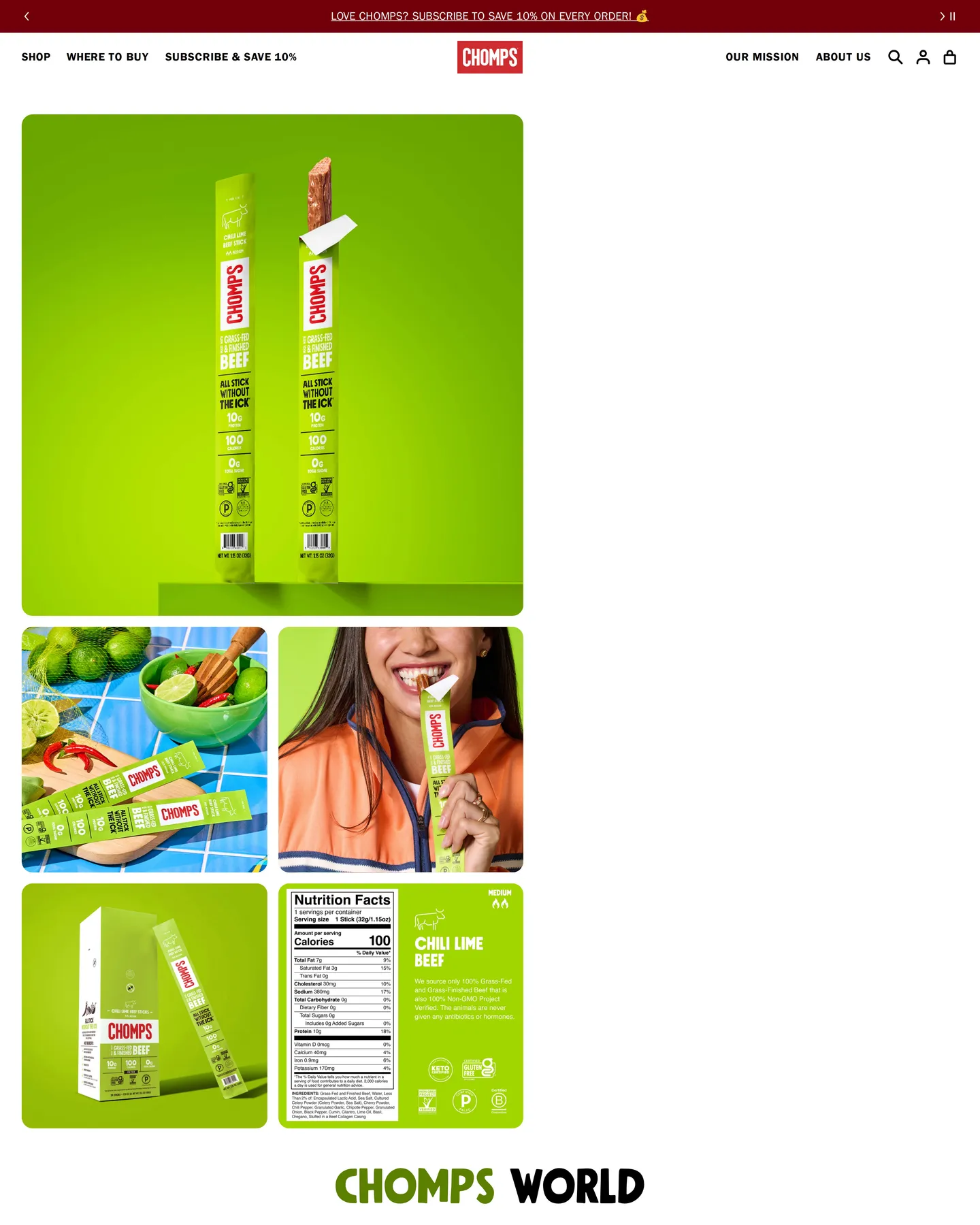 Chomps Chili Lime Beef Sticks design, captured August 2026